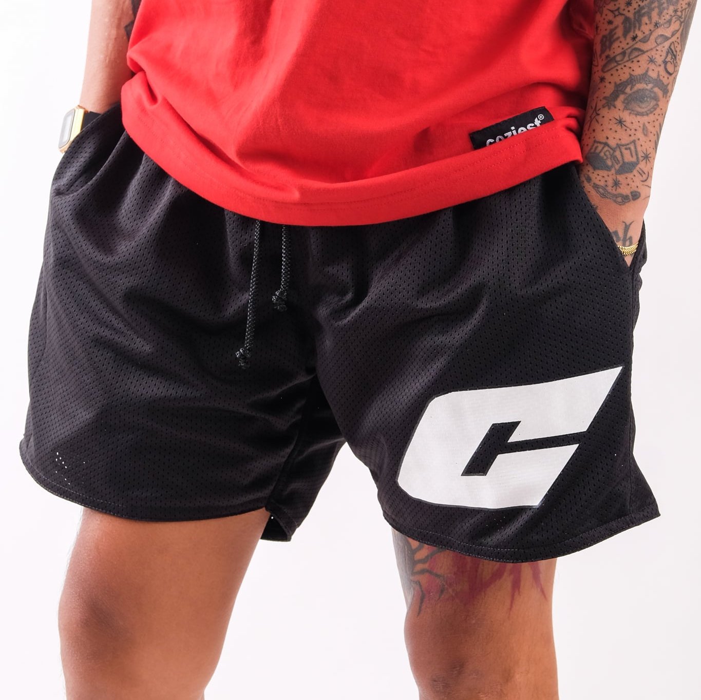 “C Logo” Mesh Shorts in Black Colorway