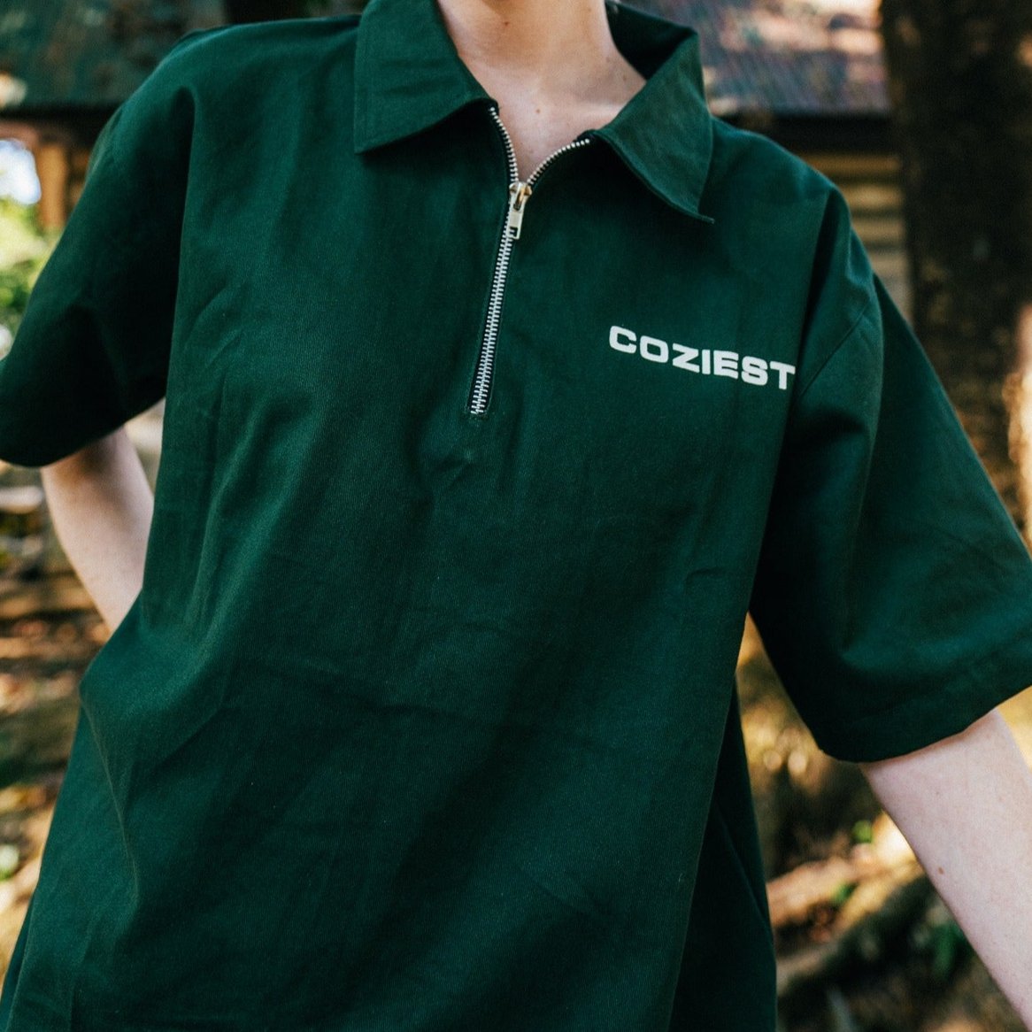 "Workwear" Quarter Zip Polo in Moss Green Colorway.