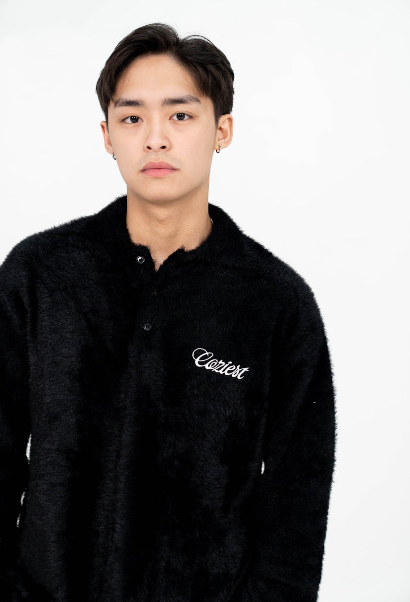 "Fur" Long Sleeve Polo in Black Colorway