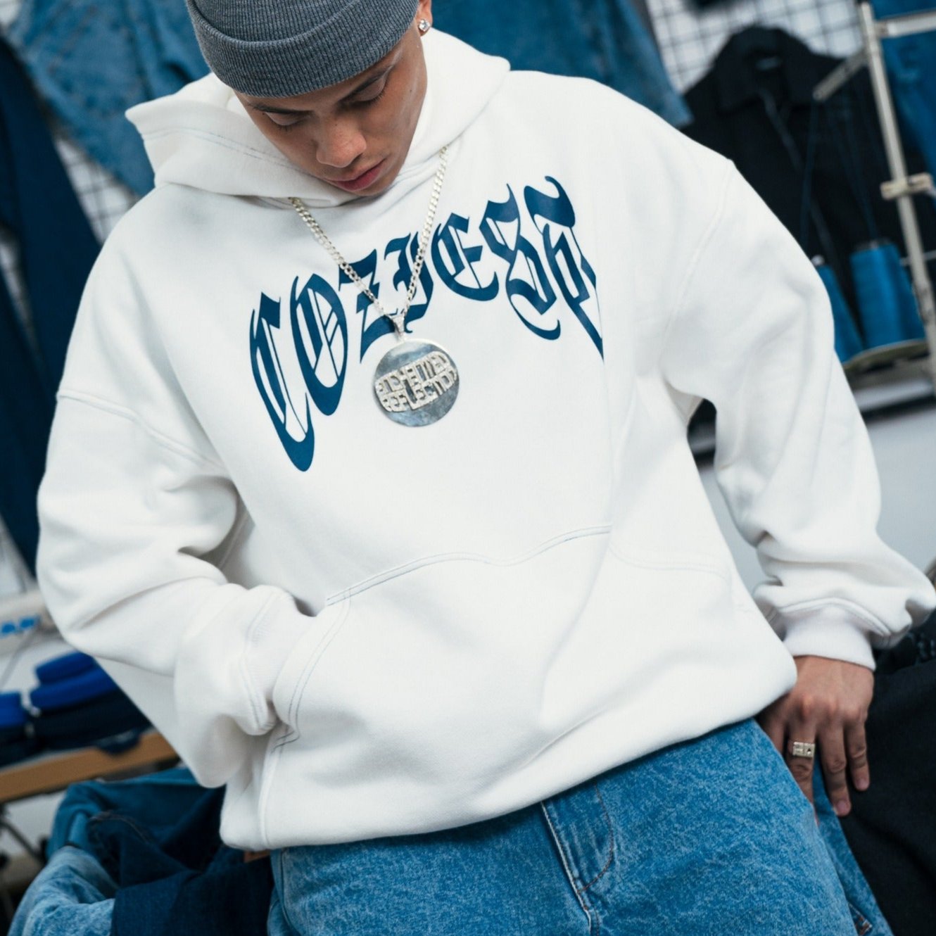 "Old English Arc" Hoodie in White Colorway