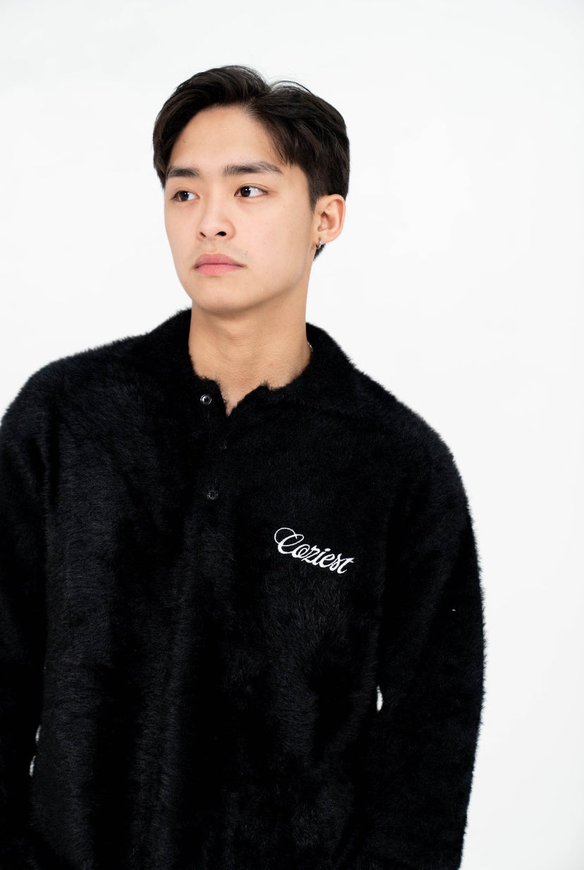 "Fur" Long Sleeve Polo in Black Colorway