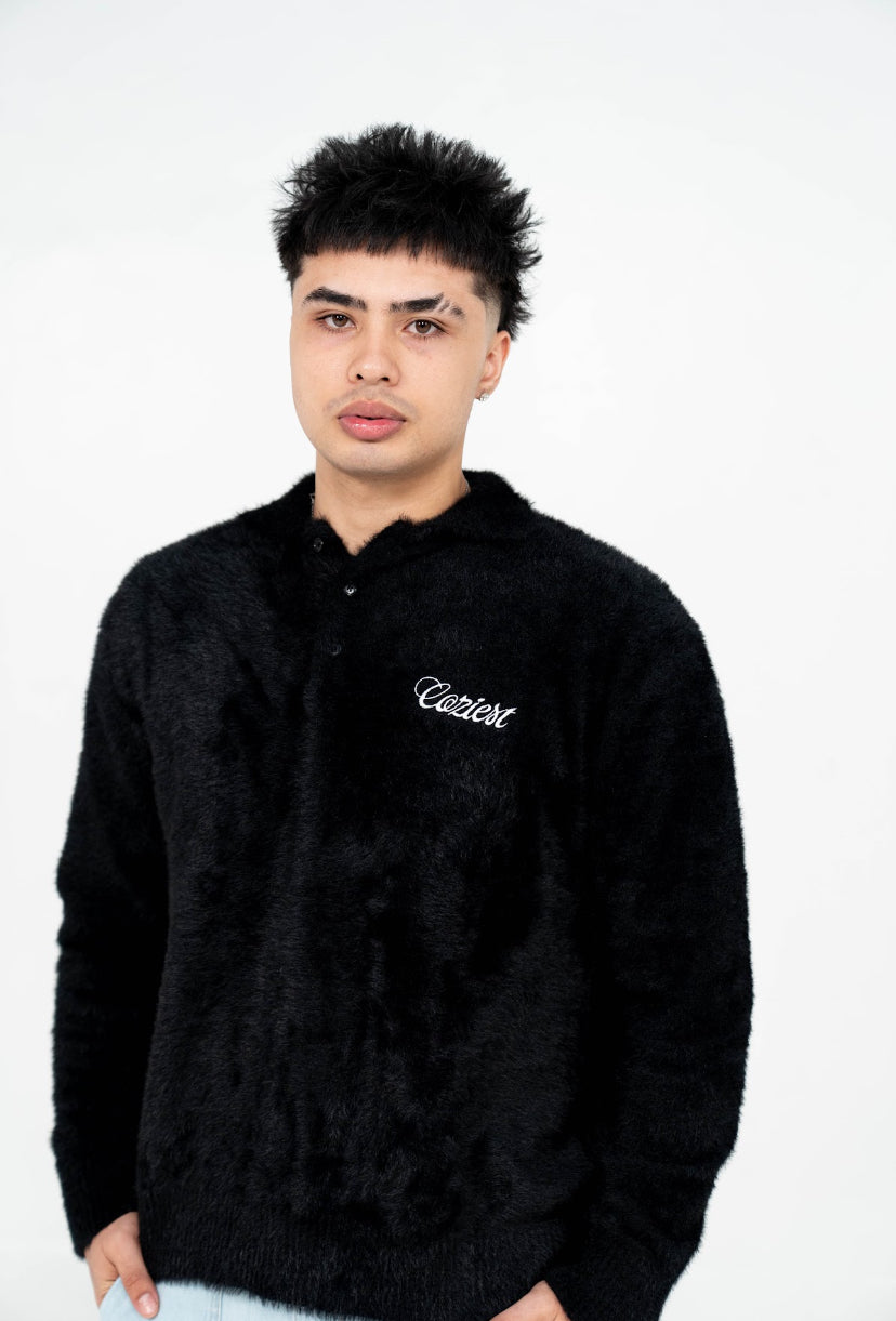"Fur" Long Sleeve Polo in Black Colorway