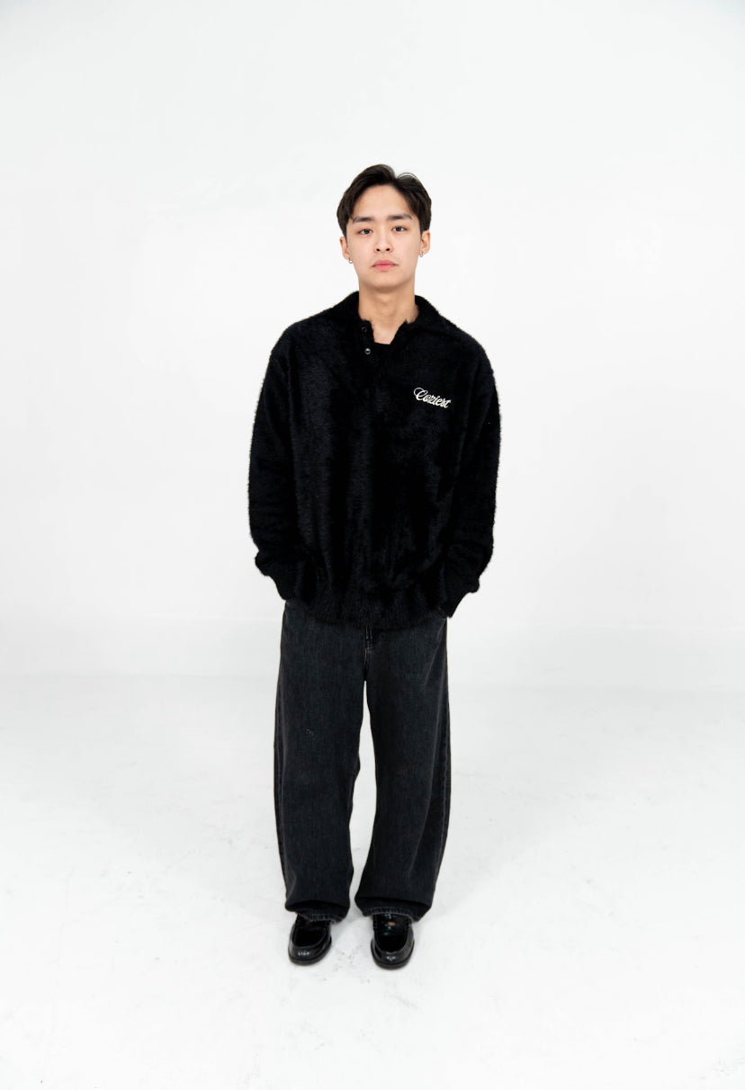 "Fur" Long Sleeve Polo in Black Colorway
