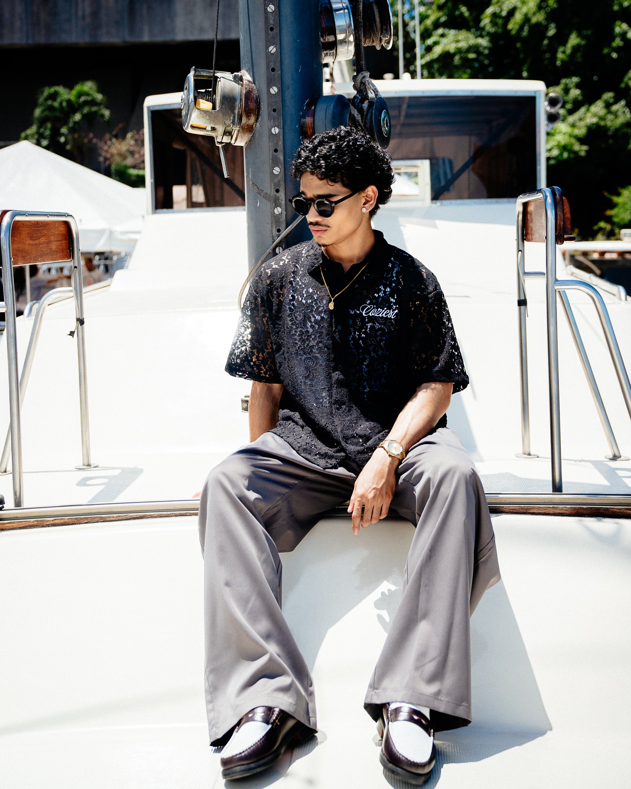 "Floral" Laced Polo in Black Colorway