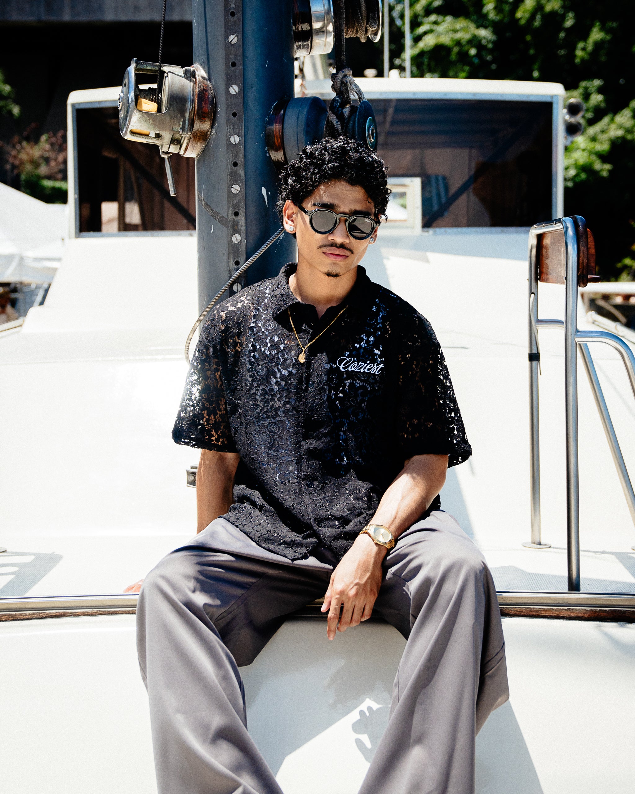"Floral" Laced Polo in Black Colorway