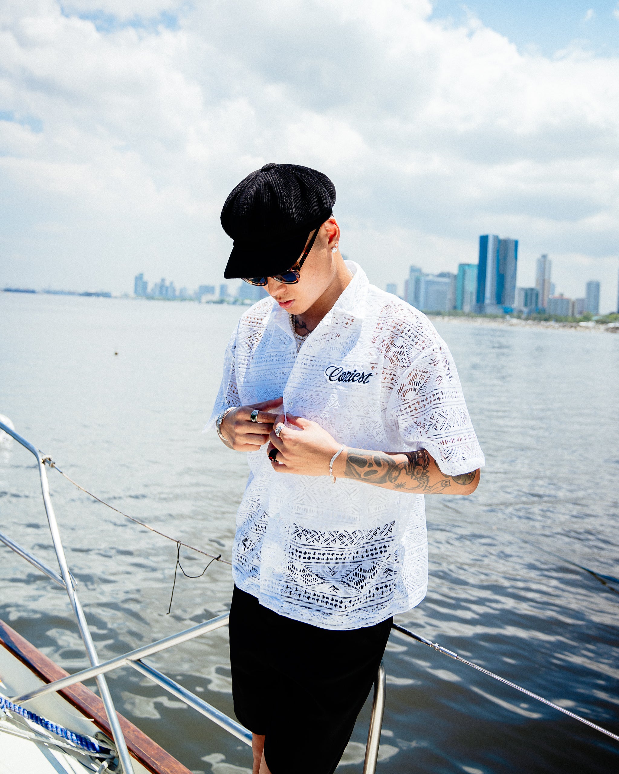 "Aztec" Laced Polo in White Colorway