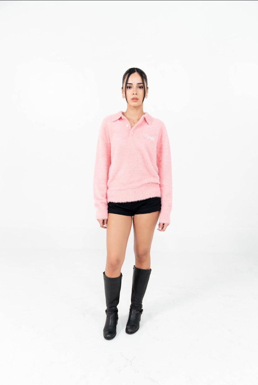 “Fur” Long Sleeve Polo in Pink Colorway