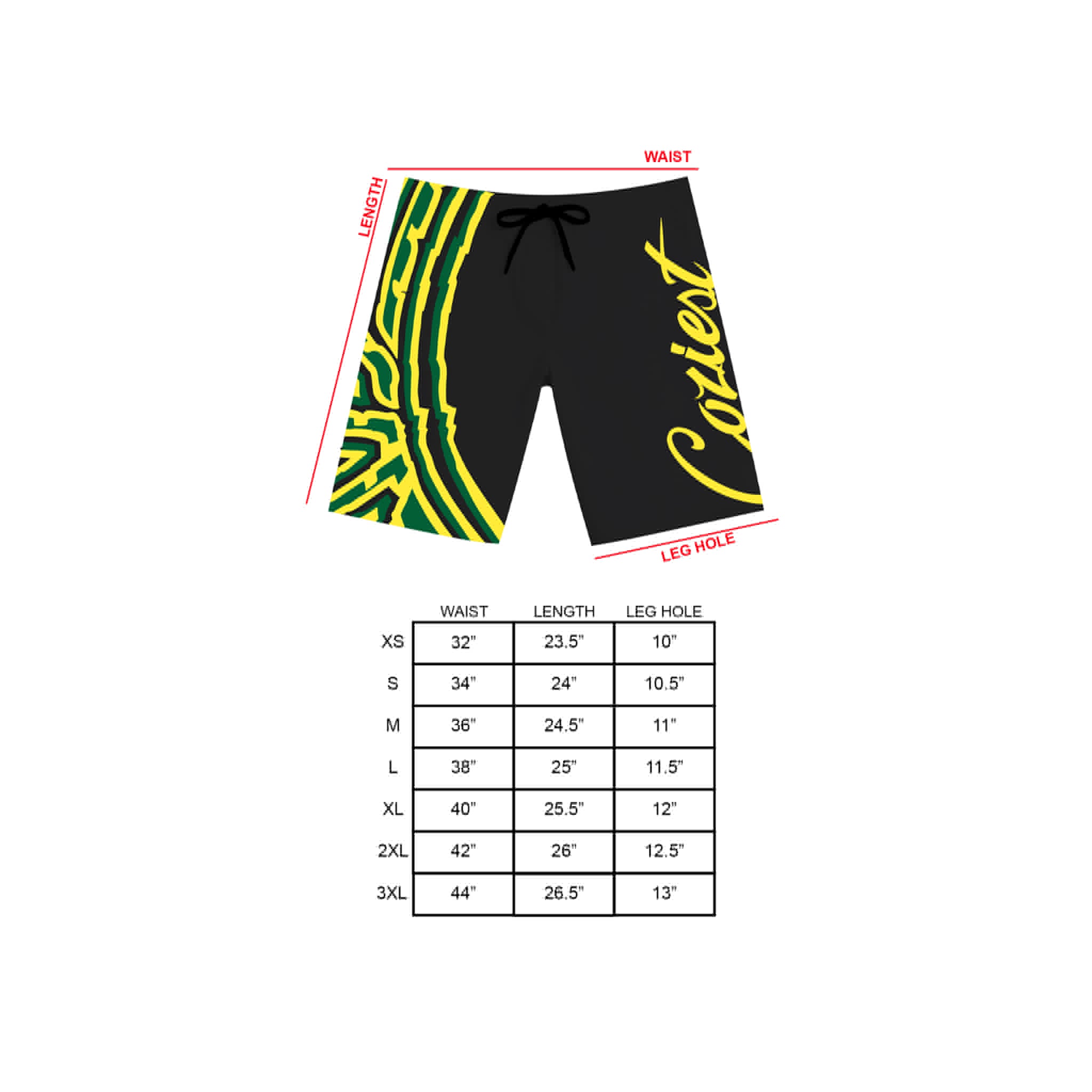 “26 Board Shorts” in Black, Green and White Colorway
