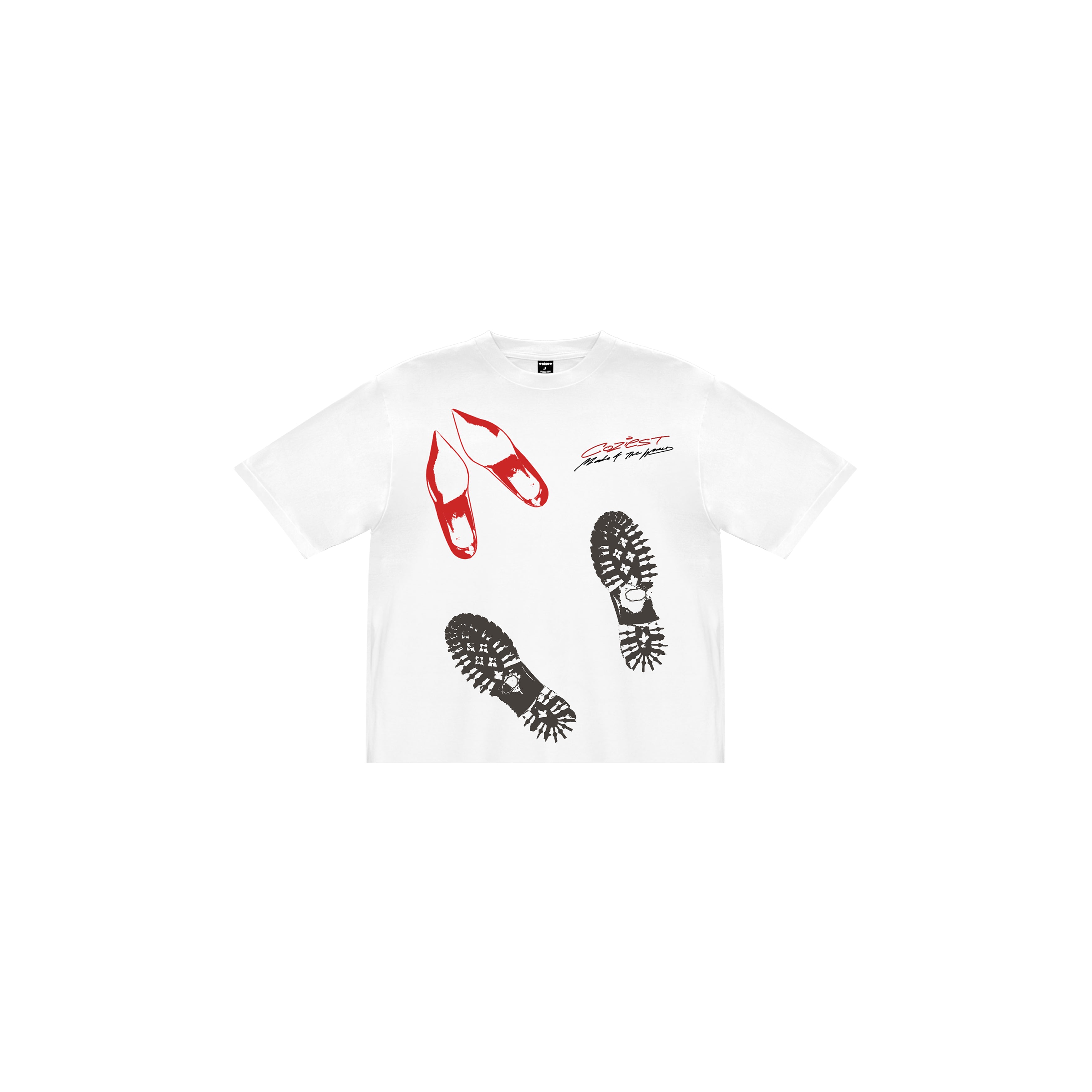 White t-shirt with red and black graphics on a white background
