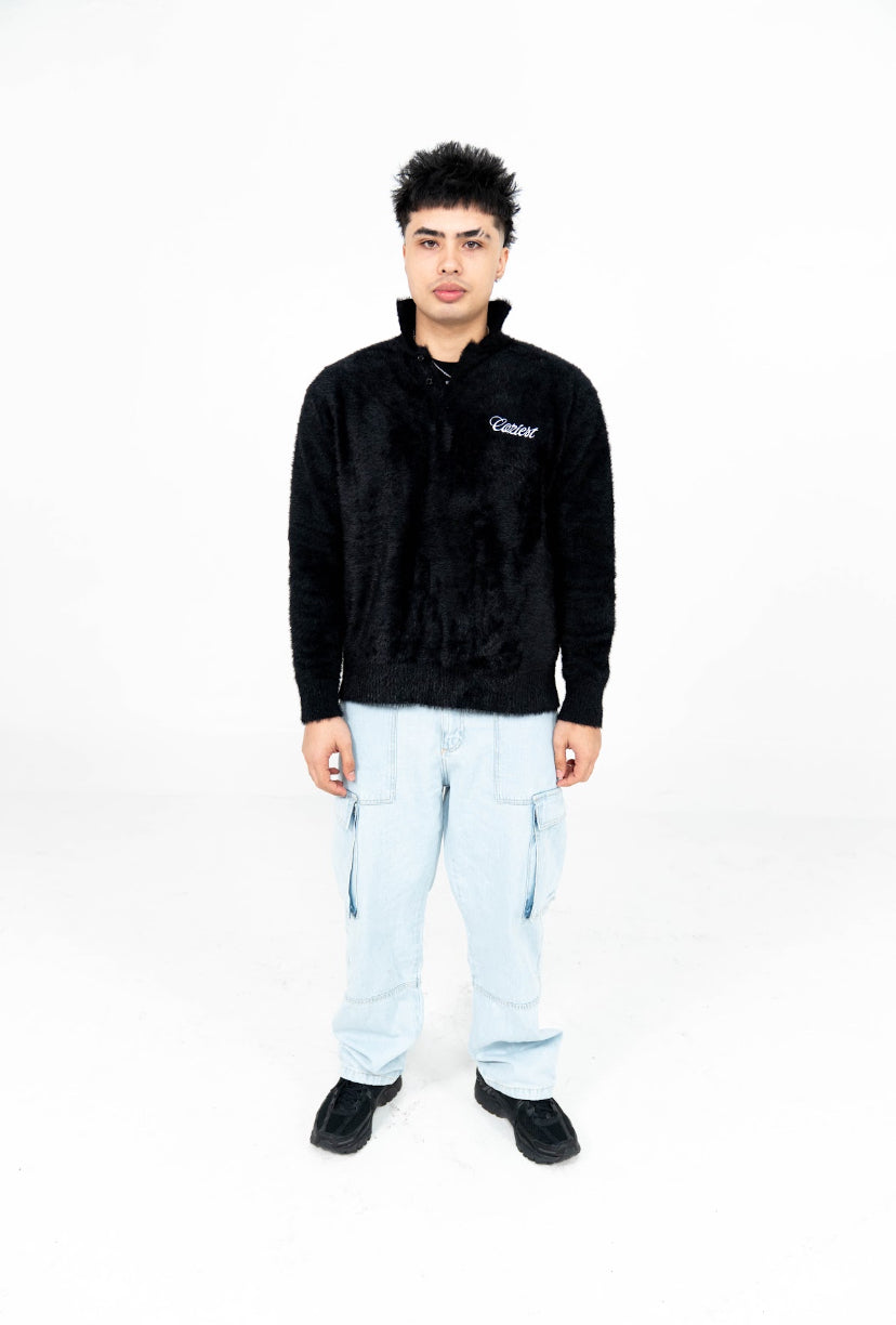 "Fur" Long Sleeve Polo in Black Colorway