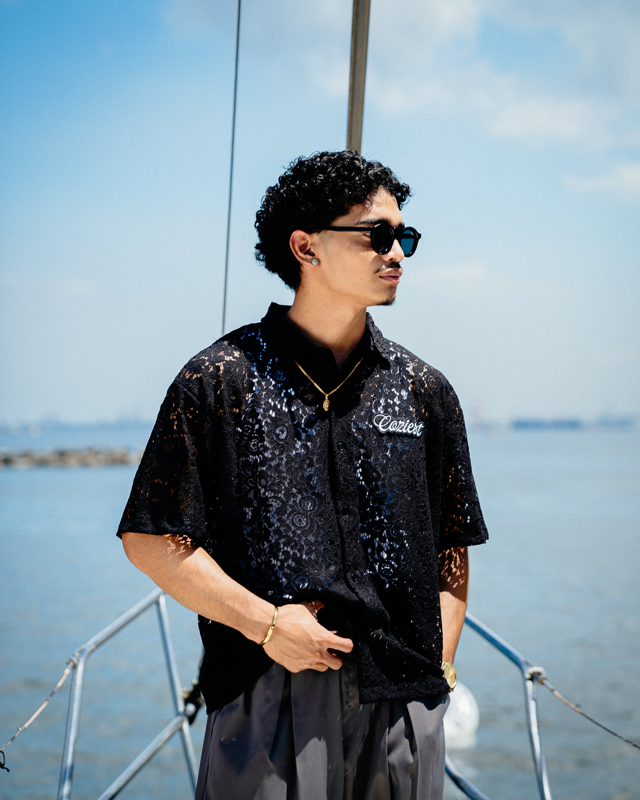 "Floral" Laced Polo in Black Colorway