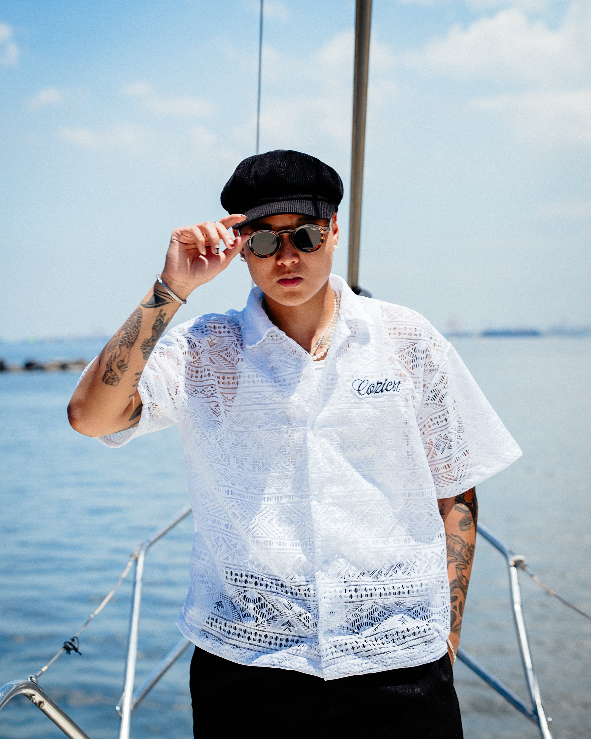 "Aztec" Laced Polo in White Colorway