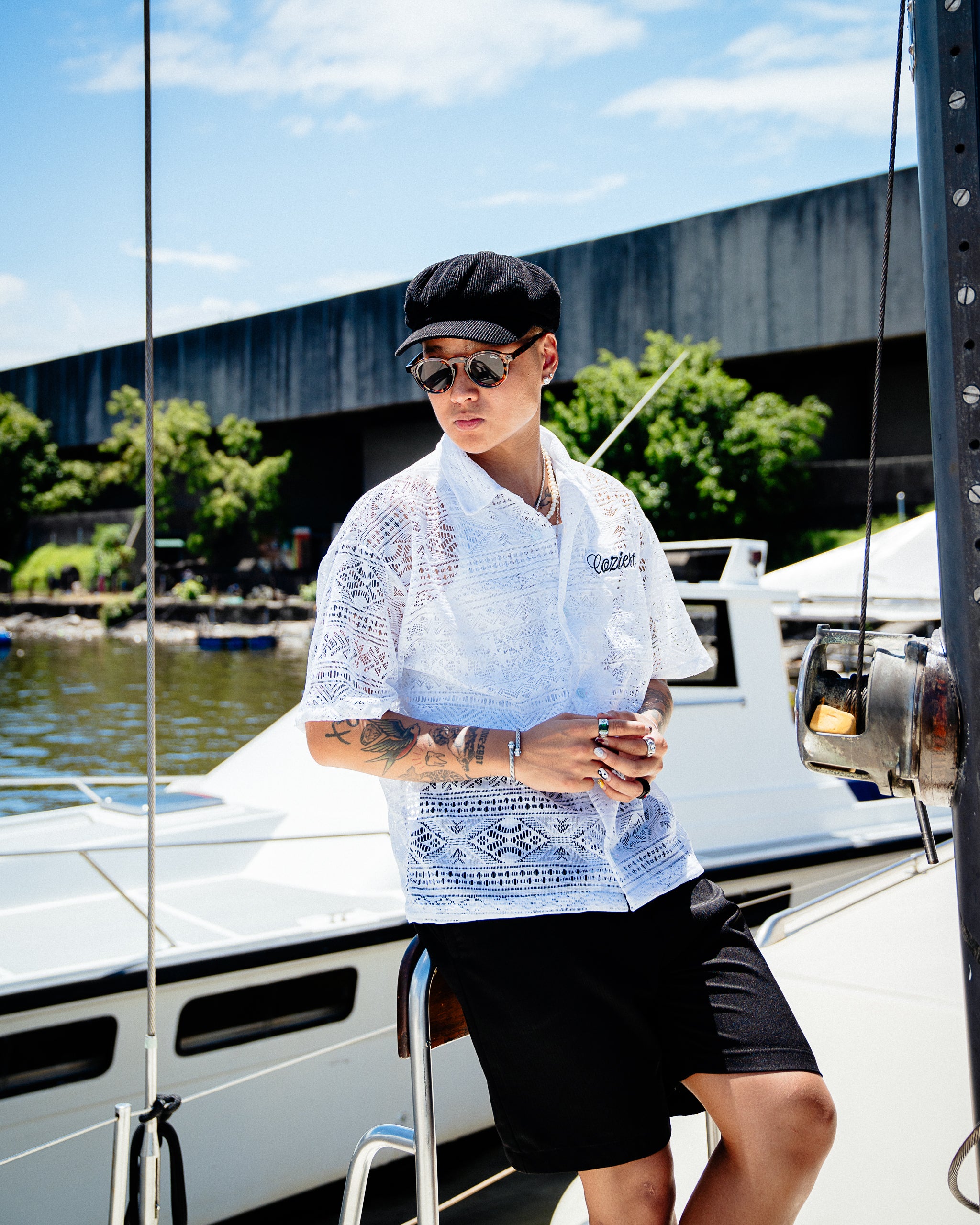 "Aztec" Laced Polo in White Colorway