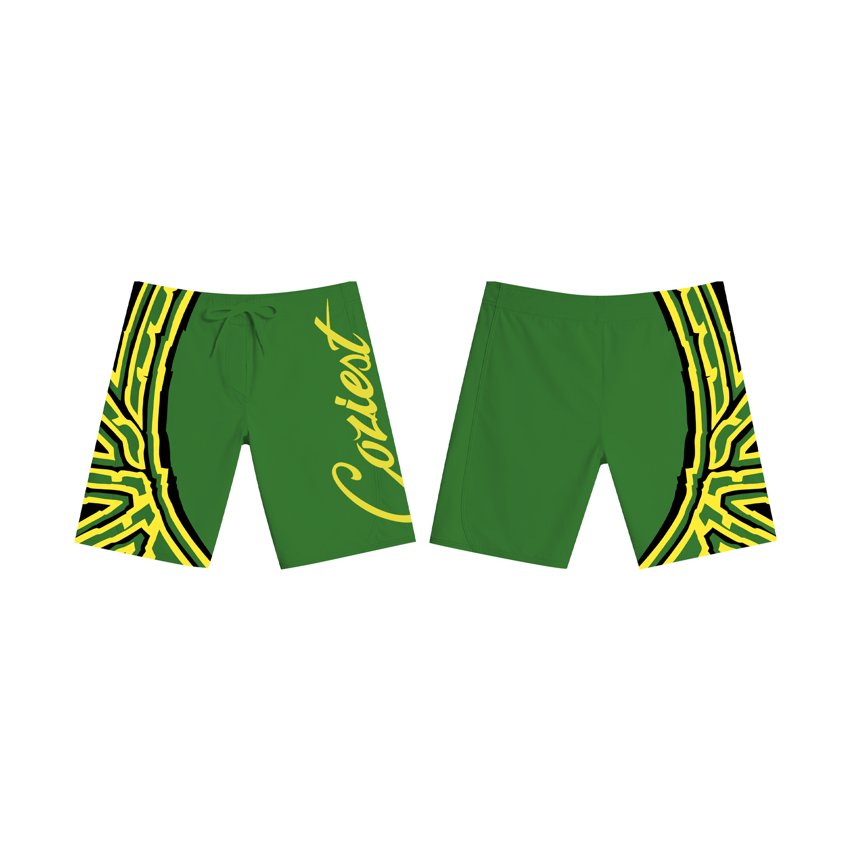 “26 Board Shorts” in Black, Green and White Colorway